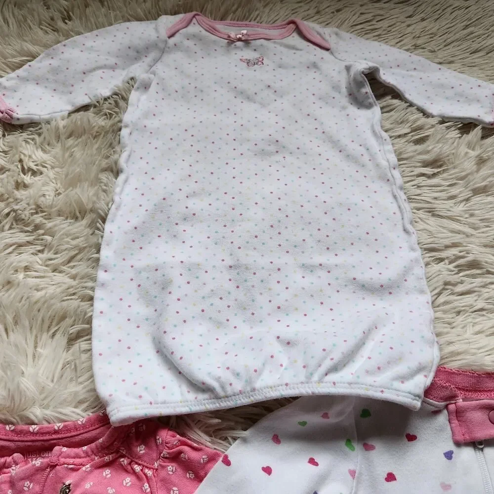 Infant Girl Sleepers with Gown 0-3 Months Pink White Zip Up Lot of 3